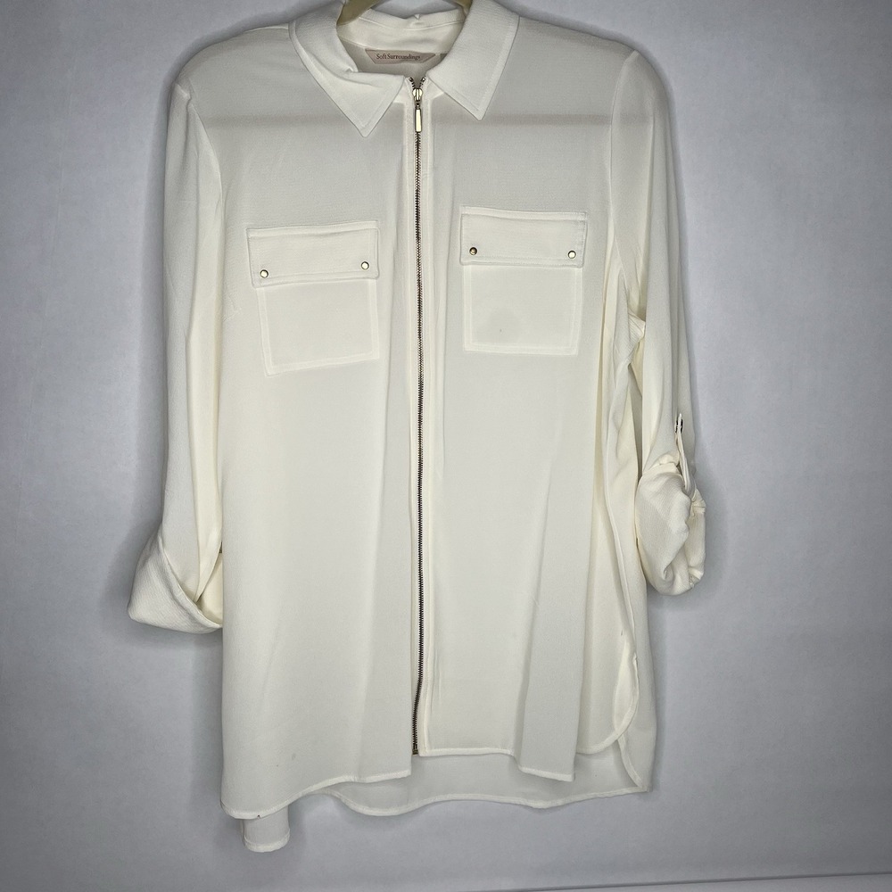 Soft‎ Surroundings Women's Cream Ivory Zip Blouse Top Size L Roll Tab Sleeve